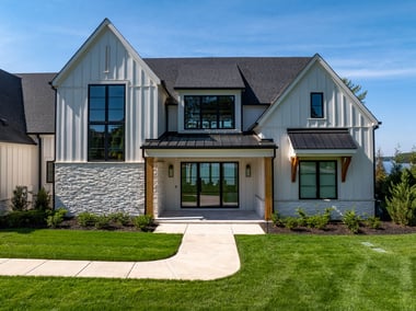 Front exterior of modern farmhouse-style custom home by Simonini Homes in Mooresville, NC