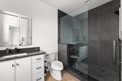 Modern guest bathroom with dark walk-in shower and white vanity by Simonini Homes in Mooresville, NC