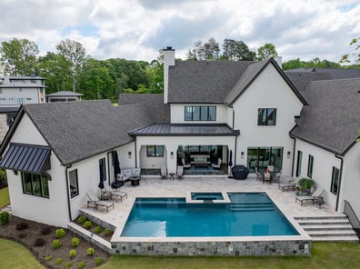Backyard pool and patio area of custom Simonini Homes build in Mooresville, NC