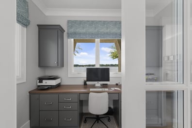 Compact home office with lake views in Simonini Homes custom build in Mooresville, NC