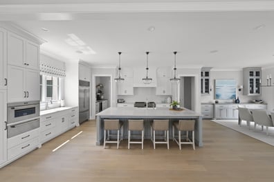 Gourmet kitchen with large island and pendant lighting by Simonini Homes in Mooresville, NC