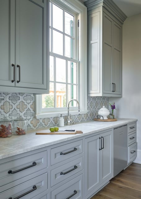 Elegant kitchen window with patterned tile backsplash in a custom home in Eastover, Charlotte by Simonini Homes
