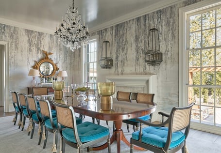 Formal dining room with crystal chandelier in a custom home in Eastover, Charlotte by Simonini Homes