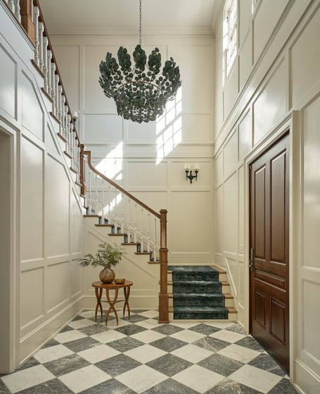 Grand staircase with paneled walls and bold chandelier in a custom home in Eastover, Charlotte by Simonini Homes