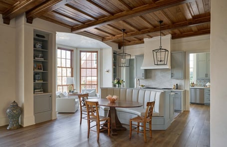 Sunlit breakfast corner next to gourmet kitchen in a custom home in Eastover, Charlotte by Simonini Homes