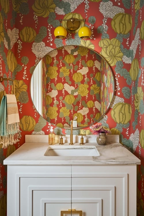 Detailed view of floral wallpaper and gold hardware in Charlotte powder room by Simonini Homes