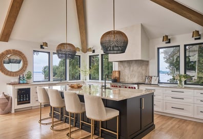 Custom kitchen with central island and panoramic windows by Simonini Homes in Myers Park, NC