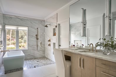 Spa-style bathroom with freestanding tub and walk-in shower by Simonini Homes in Charlotte, NC