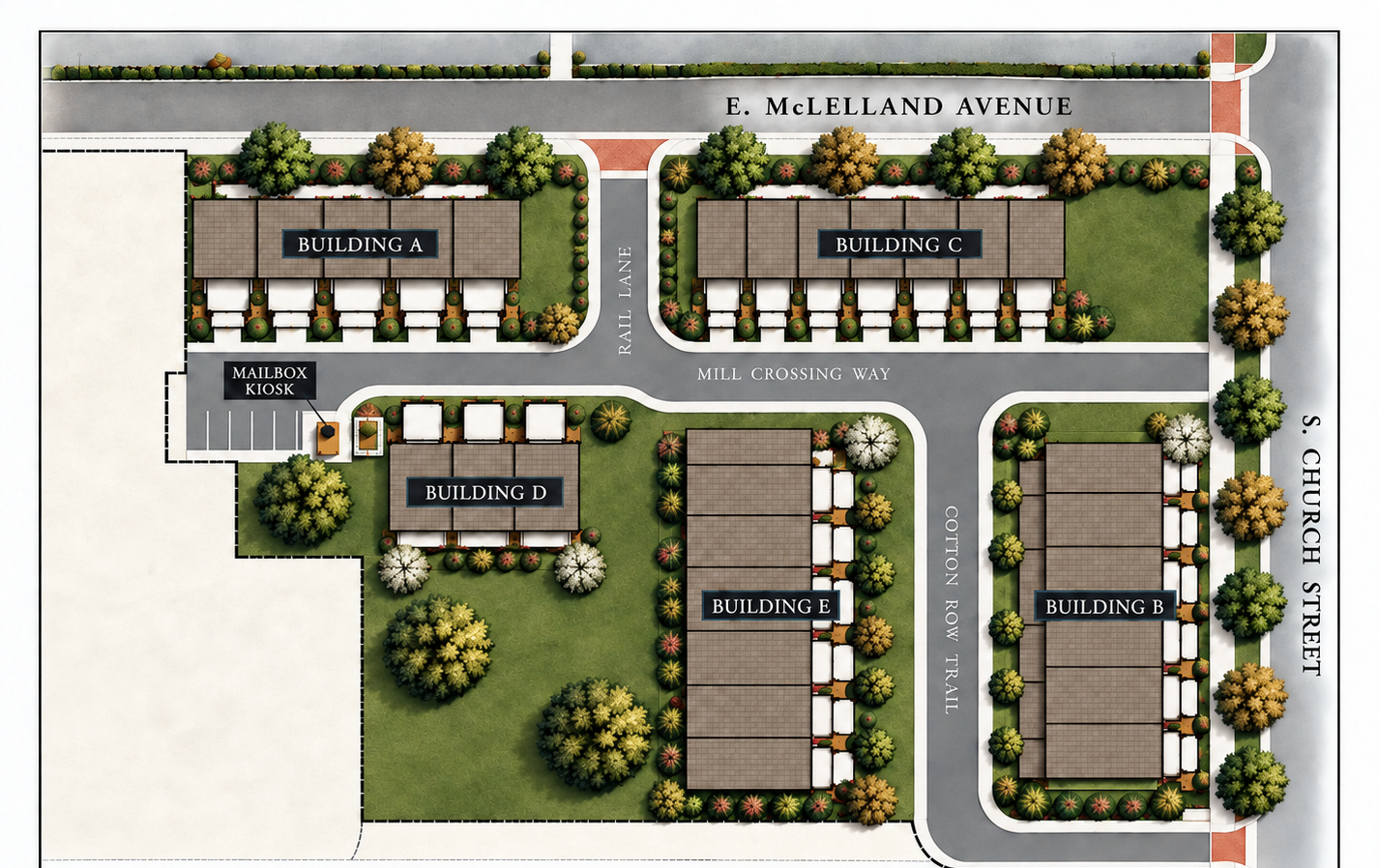 Old Mooresville Townes site plan showing Buildings A through E